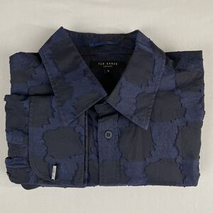 Ted Baker London Button Down Shirt Mens 6/XL Black Blue Floral Overlay Cufflinks